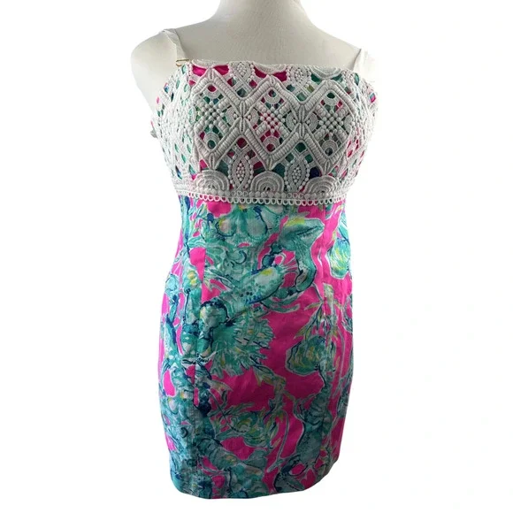 Lilly Pulitzer Brynn Strapless Dress Lobsters In Love Razz Crochet Shift Size 8 - Picture 5 of 16